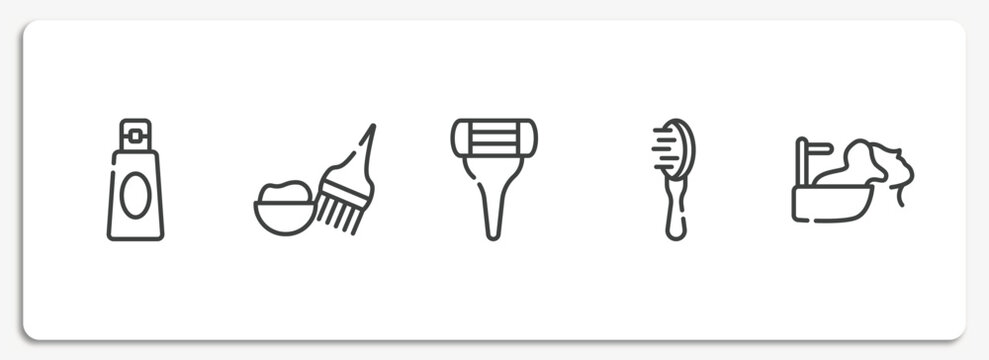 hair salon pictograms outline icons set. thin line icons sheet included shampoo bottle, hair dye kit, women razor, inclined hairbrush, hair washing vector.