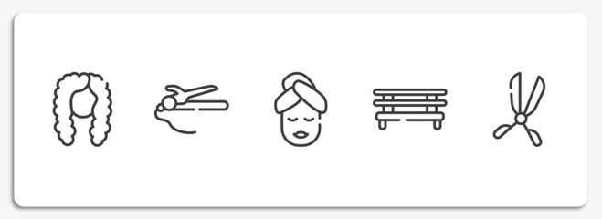 hair salon outline icons set. thin line icons sheet included curled black long female hair shape, hair straighter and curler, face mask, spa bed, scissors badge vector.