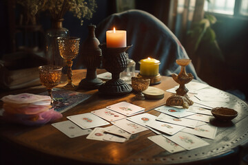Naklejka na ściany i meble Selective Focus. Tarot cards. Magic occult background. Tarot cards on table. Generative AI