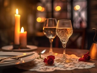 Romantic dinner setting with flowers and silverware, candle and red rose on table. Generative AI