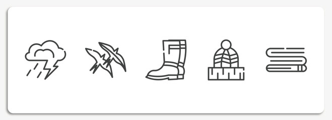 autumn outline icons set. thin line icons sheet included storm, bird migration, rain boots, winter hat, blanket vector.