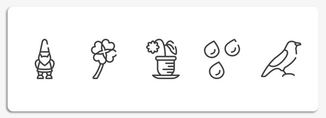 birds pack outline icons set. thin line icons sheet included gnome, four leaf clover, flower pot, raindrops, bird of black feathers vector.