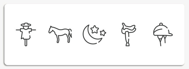 horses outline icons set. thin line icons sheet included scarecrow, horse black side shape, moon and stars, horse saddle, hat for a jockey vector.