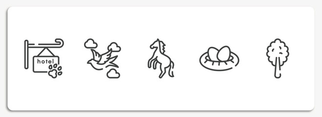 poi nature outline icons set. thin line icons sheet included pet hotel, null, wild horse, nest with eggs, plain tree vector.
