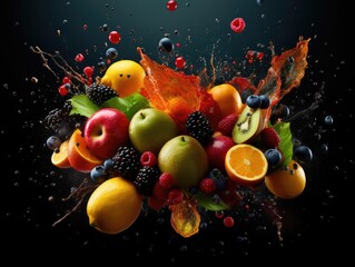 Obraz na płótnie Canvas Fresh fruit Orange, Apple, Kiwi, Grape with black background Generative AI