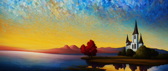 Panoramic landscape with a church by the lake, at sunset. Generative AI, Generative, AI