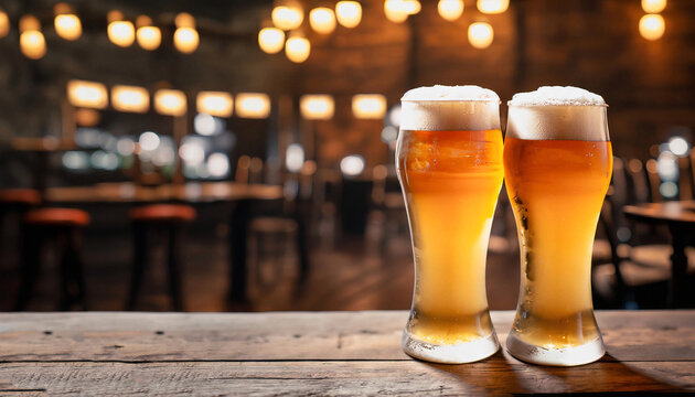 Two freshly poured glasses of light beer with foam close-up on a bar counter or wooden table against a background of a blurred country pub with dim lighting. Generative AI.