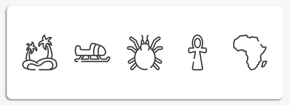 africa outline icons set. thin line icons sheet included oasis, sled, mite, ankh, africa vector.