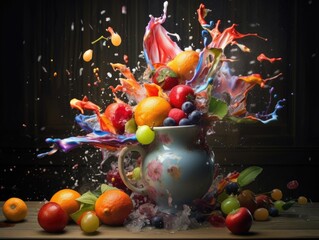 An explosion of fruits around in the air, fruit splash onto a glass. Generative AI