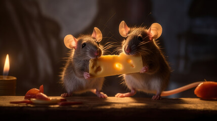 Two mice holding cheese eating. Generative Ai