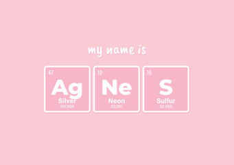 Vector inscription name AGNES composed of individual elements of the periodic table. Text: My name is. Purple background