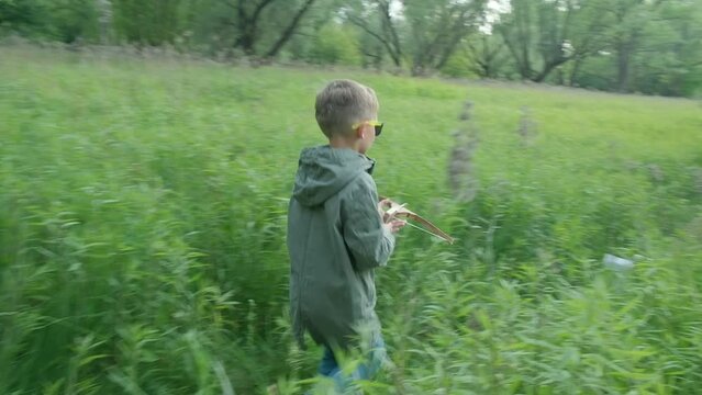 A boy shoots a children's crossbow in a summer forest.