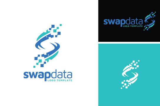 Modern Initial Letter S Spin Swap Switch Spiral Spinning Speed Vortex Rotation with Digital Data Pixel Technology logo design