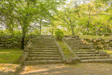 Stairs of boulders on hillside in nature park.