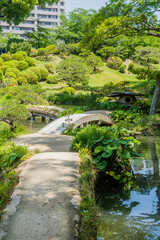 Fototapeta na wymiar Landscape of footbridge over lake at Shukkeien Gardens in Hiroshima.