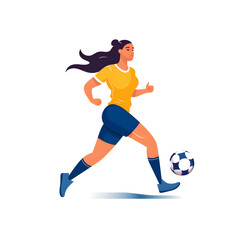 Obraz premium Flat illustration on a white background featuring a female soccer player confidently in possession of the ball, capturing the spirit of the Women's World Cup. Generative AI