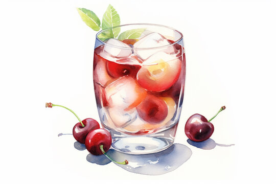 Watercolor tini cocktail in the glass with cherry illustration. It can be used for menu, card, postcard. Generative AI