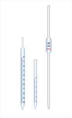 2D illustration of graduated pipettes, 10 ml, 5 ml and a Mohr pipette 25 ml