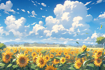sea of flowers illustration poster in sunflower in summer heat