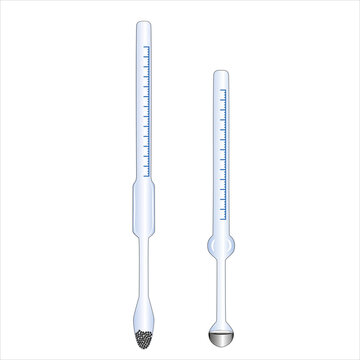 Glass hydrometers or areometers (alcohol meters) used for determining the density of a liquid. Vector 2D illustration in cartoon style isolated on white background