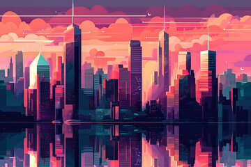 Fototapeta premium Futuristic vision of a city with vibrant colors. Abstract flat illustration, scifi future concept art. Generative AI