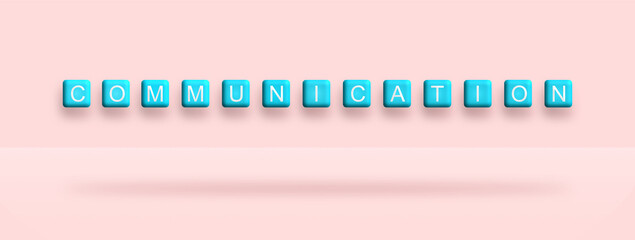 Cube box text communication and shadow text on isolated background. Banner block communication. Illustration 3D for content contact, network, communicate, social media