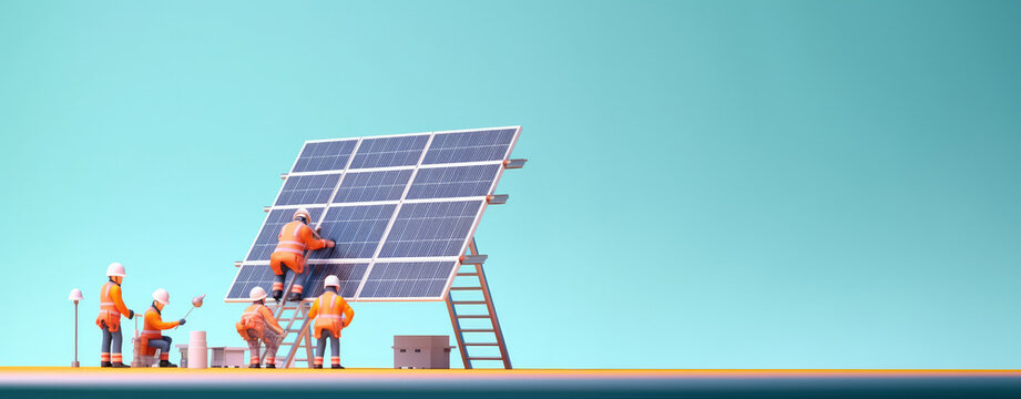 Electrical and instrument technician engineer use wrench to fix and maintenance electric system at solar panel field with sunset sky reflection.minimal style.Generative ai.