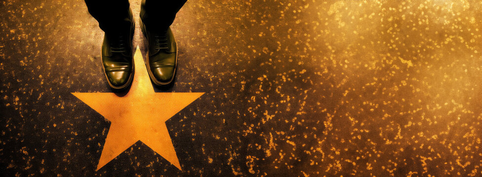Success in Business or Personal Talent Concept. Top View of Business Person in Working Shoes Standing in front of a Golden Star. Light Shining on floor. Generative ai.