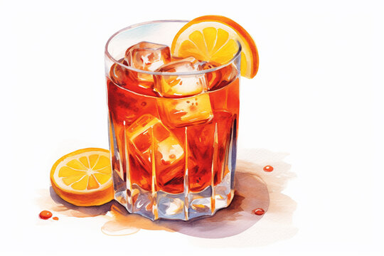 Watercolor illustration of Negroni Sbagliato coctail in the glass with slice of orange. Generative AI