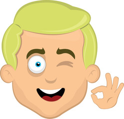 vector illustration face man cartoon blonde with blue eyes, winking and with his hand making an ok or perfect gesture