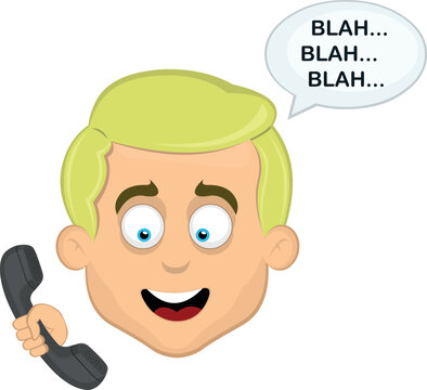 vector illustration face of man cartoon blonde blue eyes talking on the phone and a speech bubble with the text blah