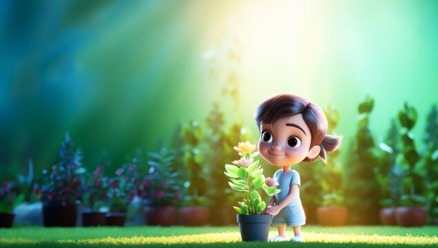 kid holding a plant pot and planting a small plant in a nature garden for the environment. Generative ai.