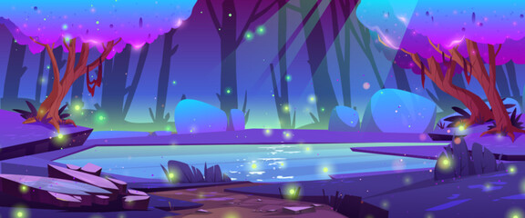 Night magic forest woods with mystic swamp cartoon vector landscape. Fantasy enchanted woodland with path to lake with firefly. Mysterious purple fairy panoramic gui environment scene with nobody