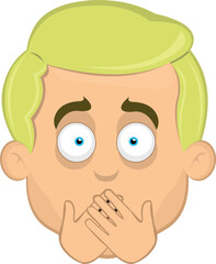 vector illustration face man cartoon blonde blue eyes, covering his mouth with his hands