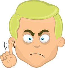 vector illustration face of a blond cartoon man with blue eyes saying no with a hand gesture