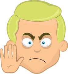 vector illustration face of man cartoon blonde blue eyes, making a stop gesture with his hand