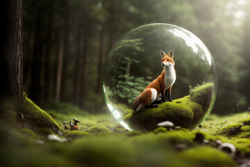 Fototapeta premium dark forest with glass ball and fox created with Generative AI technology