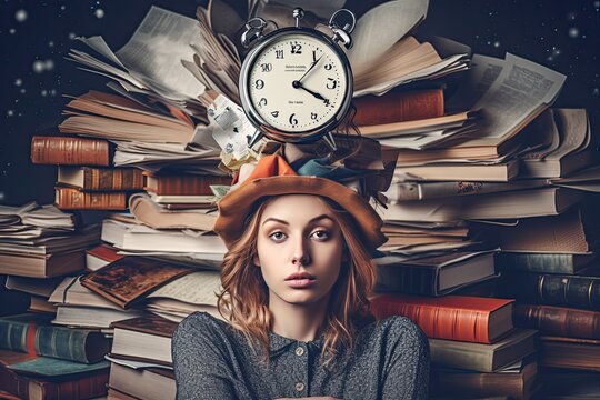 Tired woman overhelmed with chaos of papers and work