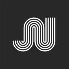 Initials letters JU or UJ logo monogram rounded shape, combination two letters J and U calligraphic mark, smooth parallel thin lines, waves pattern.