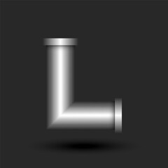 Letter L logo monogram 3d line pipe metal construction with flanges shape, silver colored creative typography identity, industrial style metallic logotype tech design.