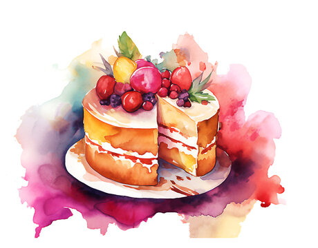 Holiday Birthday cake  painted watercolor illustration, Birthday party, Post processed AI generated image