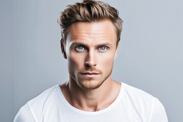 Obraz premium well-groomed man with blue eyes and a white t-shirt created with Generative AI technology