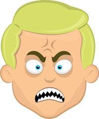 vector illustration face man cartoon blonde blue eyes, furious with a vein in his head and sharp teeth