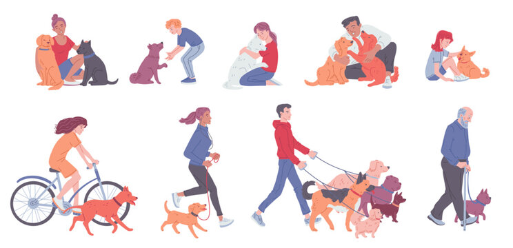 Diverse People Hugging Dogs And Walking Thor Pets, Set Of Flat Vector Illustrations Isolated On White Background.