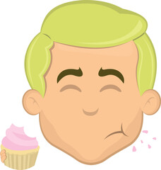 vector illustration face of a blond cartoon man eating a cupcake or muffin