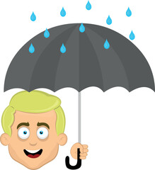 vector illustration face of a man cartoon blond blue eyes with an umbrella in hand and raindrops