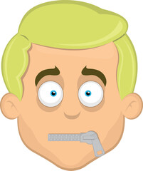 vector illustration face of a blue eyes cartoon blonde man with a zipper in his mouth