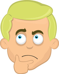 vector illustration face of man cartoon blond and blue eyes, with a thinking expression or doubt