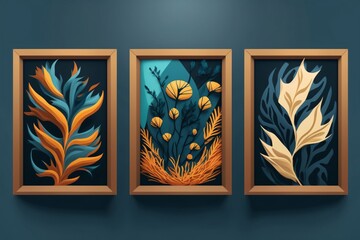 three framed pictures with plants illustrations on one wall created with Generative AI technology