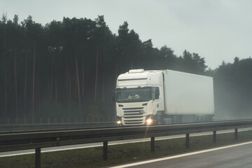 Delivery truck on the Europe highway. Semi-truck with cargo trailer driving at the tunnel. Fast moving truck. Lorry driver rides his modern truck